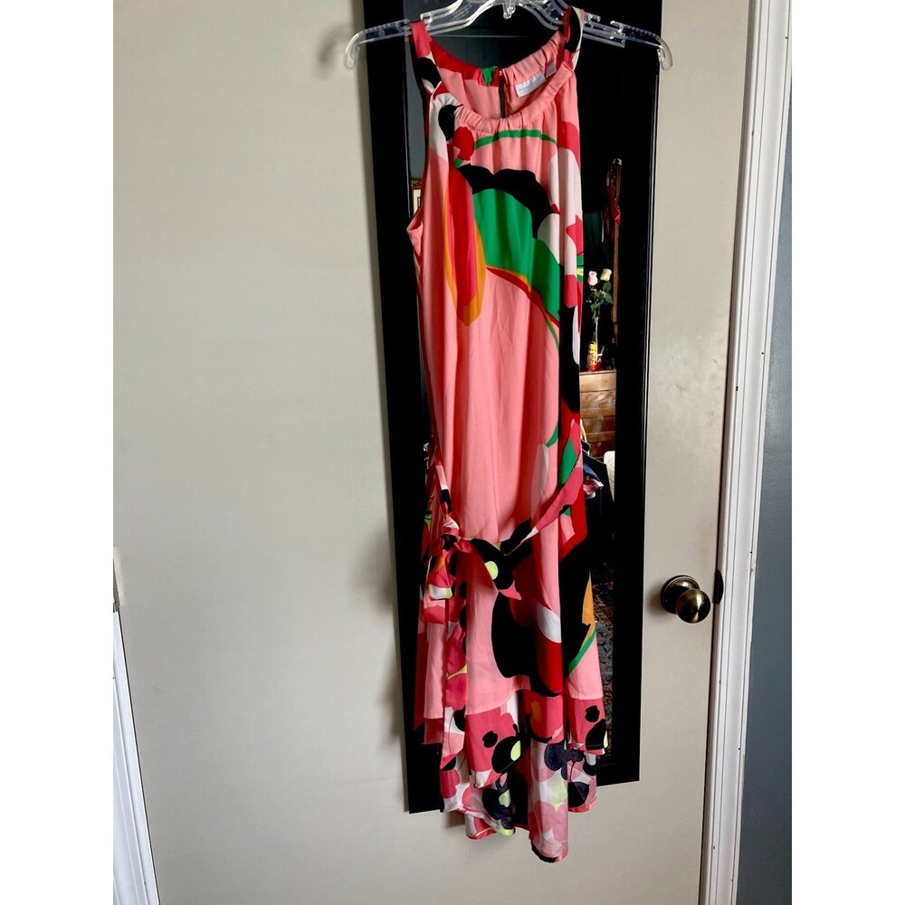New York & Company Dress Small Peach Multi Floral Belted Sleeveless Layer A-Line